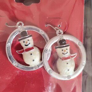 Christmas Snowman in Silver Ring Earrings. NWT. Dangle with Hook Back. Festive.